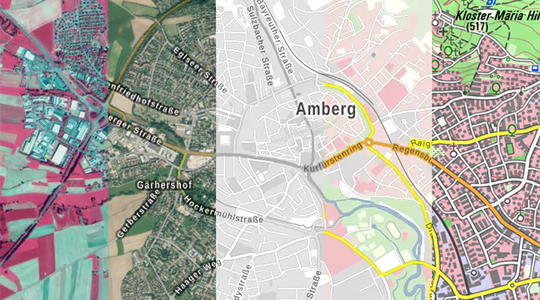 Kartenausschnitt von Amberg in den unterschiedlichen Darstellungen des WMTS-Dienstes